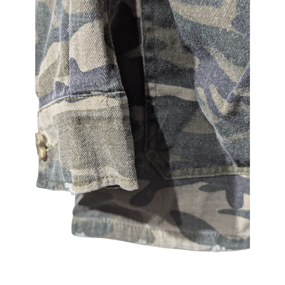Mystree Shabby Chic Camo Velvet Trim Distressed Button Front Jacket Sz S - Picture 8 of 13